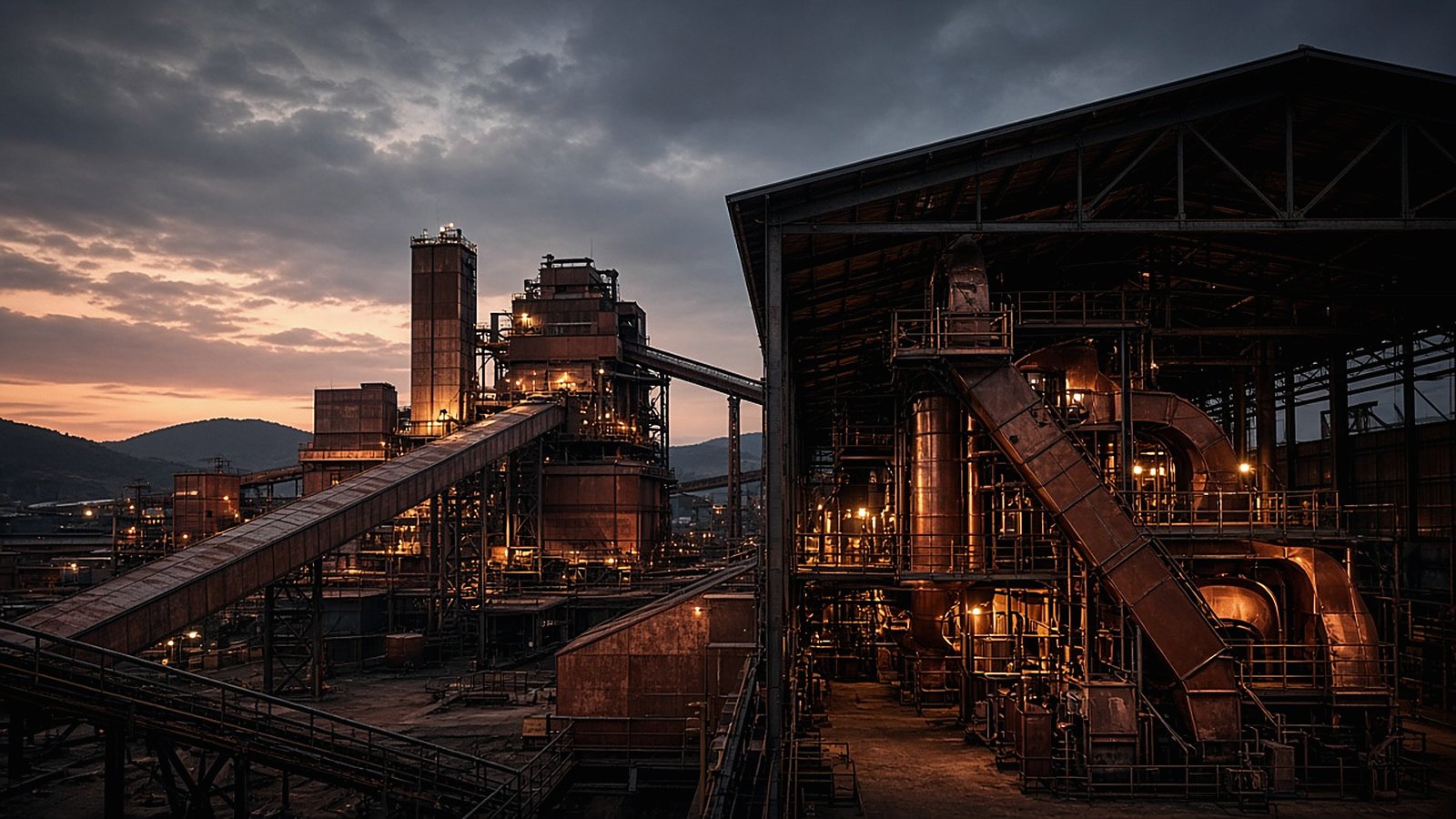 Copper ore processing plant with conveyors and lit structures at dusk