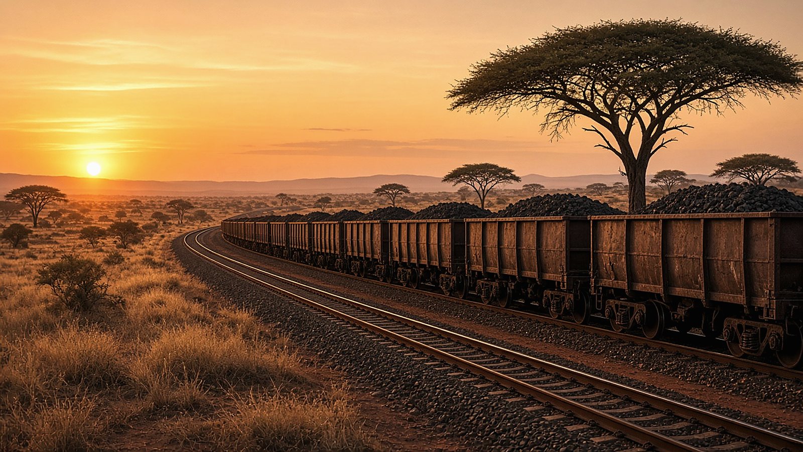 Loaded freight train crossing savanna with acacia trees at sunset