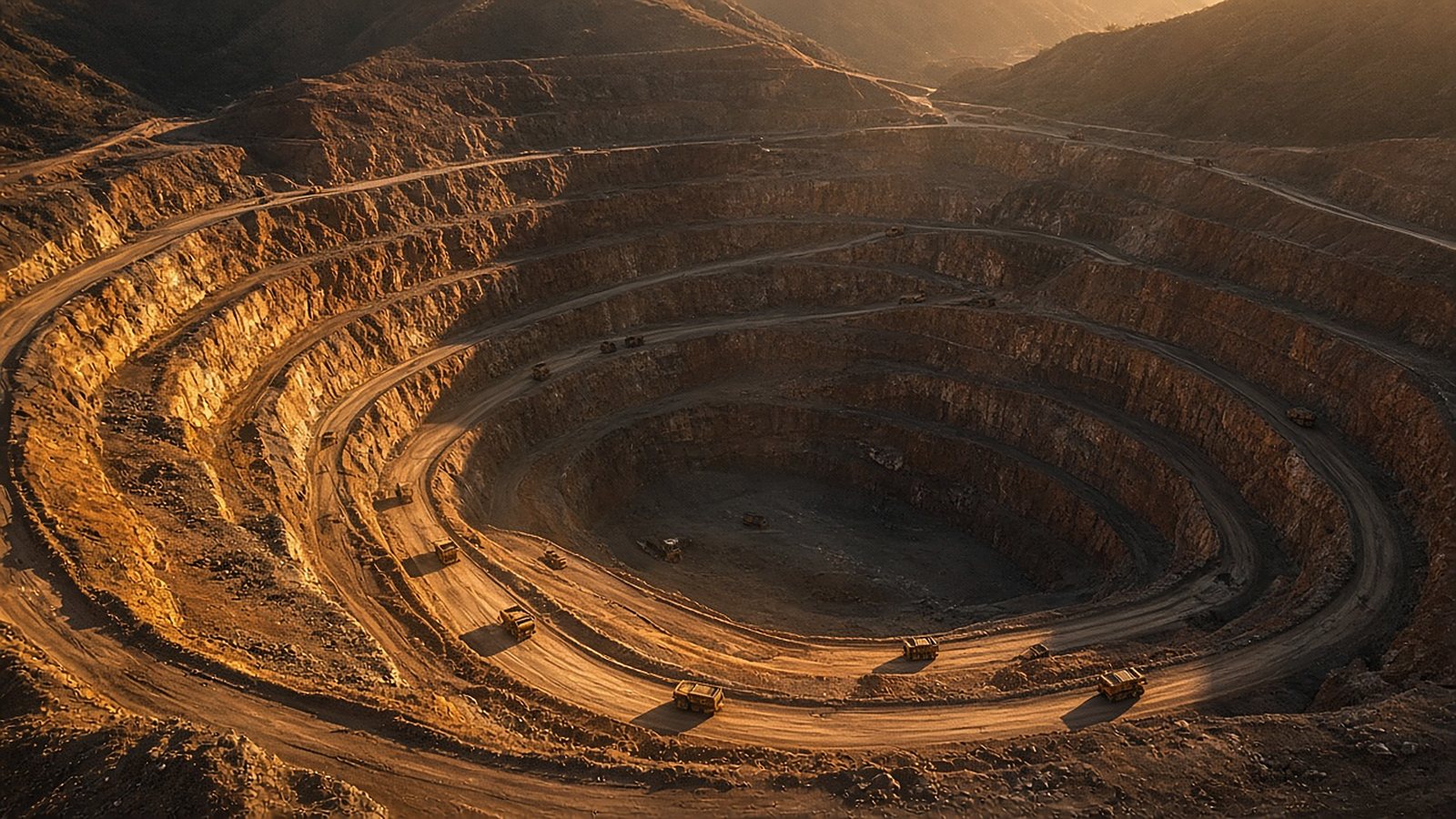 Aerial view of a terraced open-pit mine with haul trucks at golden hour