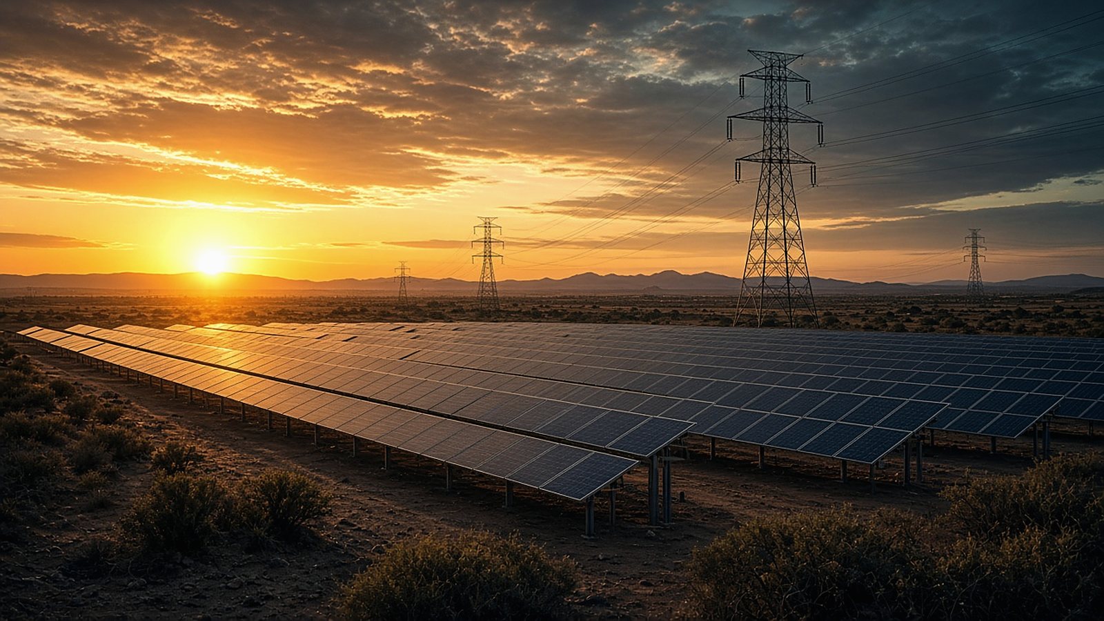 Solar panel array with high-voltage pylons at sunset